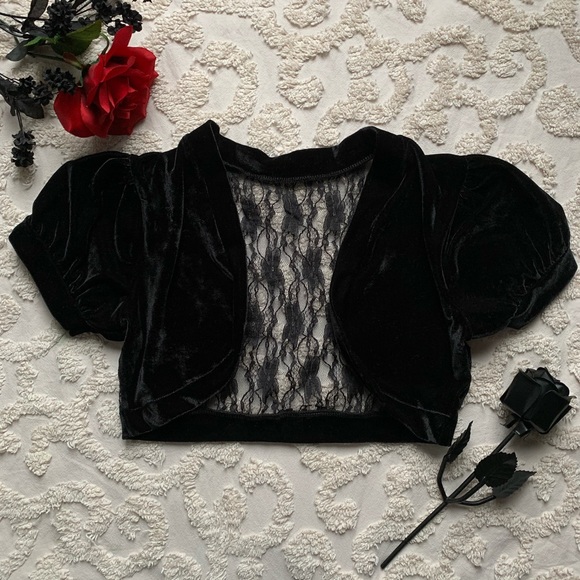 Sweaters - Rich Black Velvety Lace Back Shrug